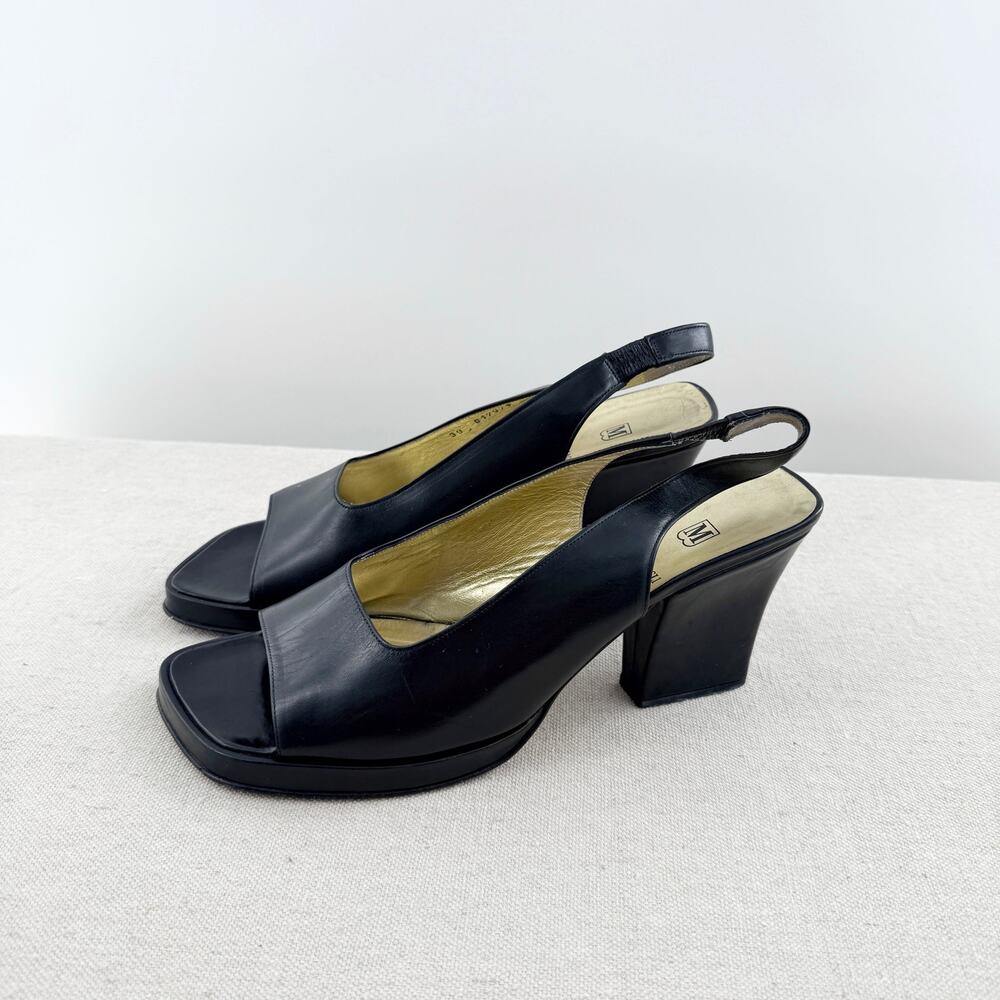 Bruno Magli Leather Slip On Peep Toe Platform Slingback Sandals Black Size EU 39